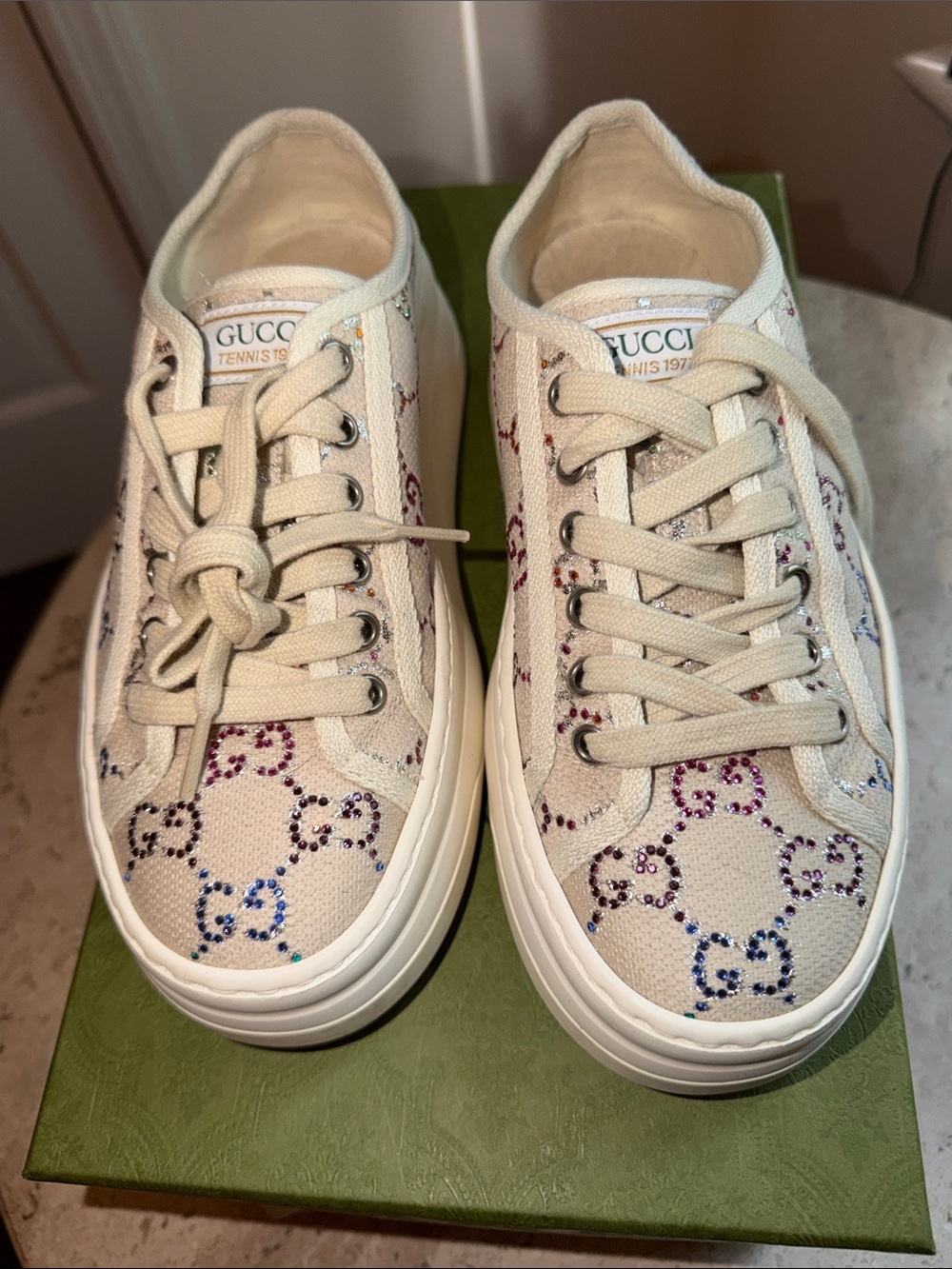 Gucci Canvas Lame Crystal GG Monogram Women’s 1977 Platform Tennis Sneakers 6.5
